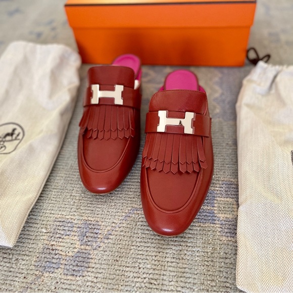 ❤️ HERMES TUILERIES MULE SLIP ON FRINGE LOAFER HEELS 37 DESIGNER MULES ITALY - Picture 5 of 15